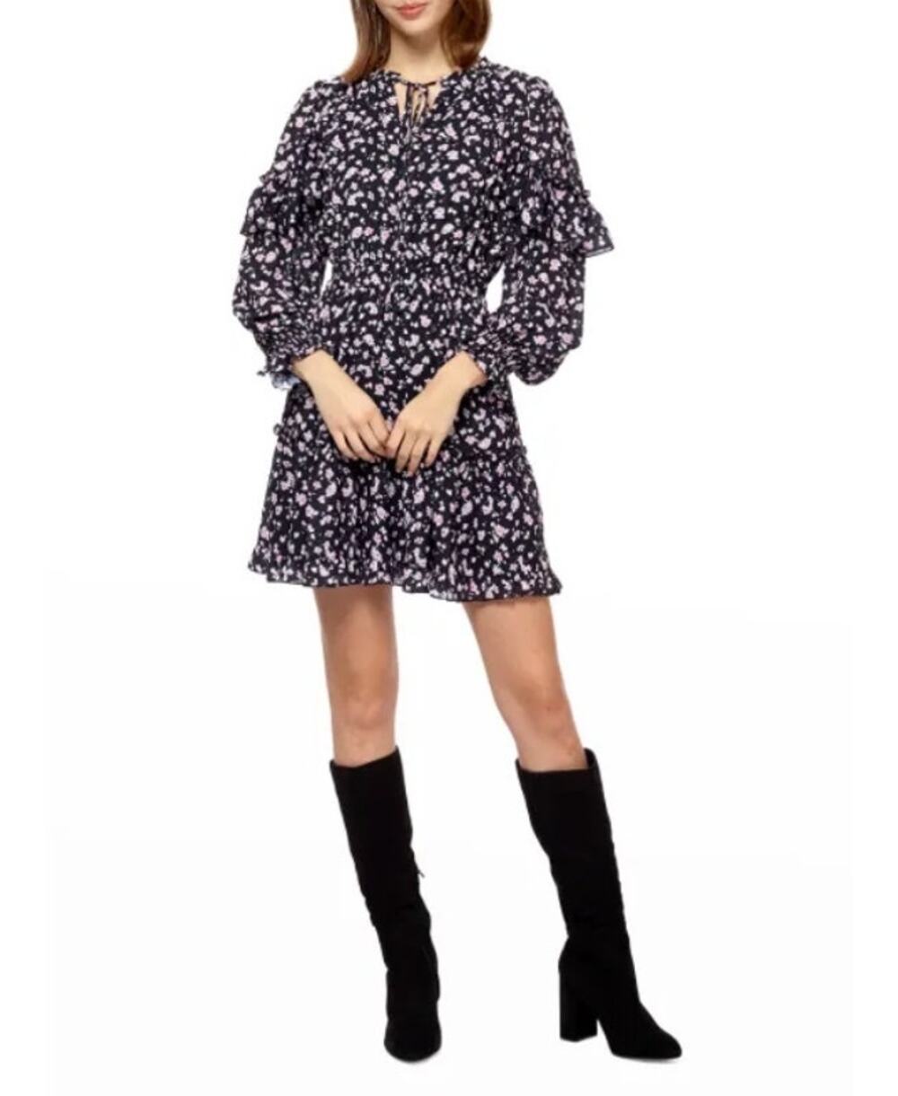 Stellah Tie-Neck Mini Dress Black Floral Print Size Medium NWT